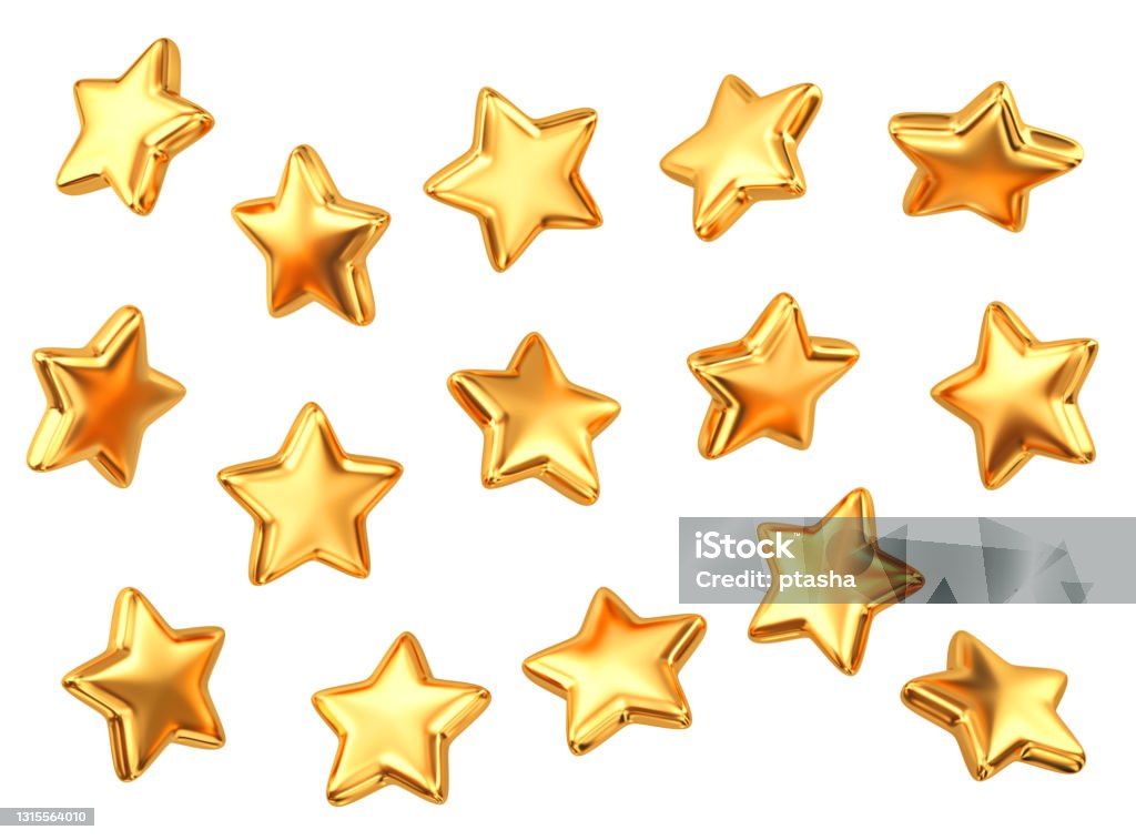 Set of gold stars isolated on white Set of gold stars isolated on white. 3D rendering Star Shape Stock Photo