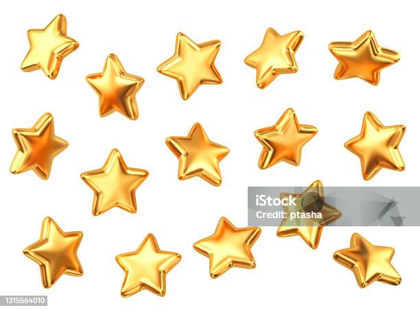 Set Of Gold Stars Isolated On White Stock Photo - Download Image Now - Star Shape, Three Dimensional, Success