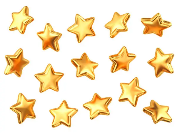 Set of gold stars isolated on white. 3D rendering