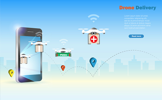 Drones flying from smartphone delivery foods, medicine and shipments to customer. Idea for drone delivery service, modern autonomous transportation technology