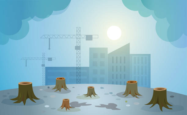 illustrations, cliparts, dessins animés et icônes de déforestation pour la construction de bâtiments avec chauffage et changement climatique. jour de la terre, environnement d’écologie et concept de pollution. - deforestation