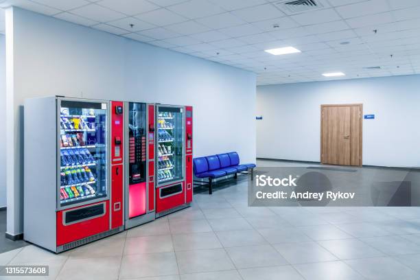 Vending Machines In Public Building Stock Photo - Download Image Now - Vending Machine, Cafeteria, Office