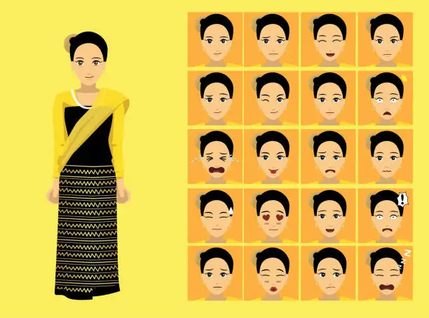 Vector illustration of Manga Style Myanmar Rakhin Woman Clothes Cartoon Character Emotion