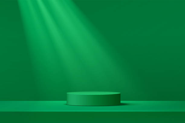 ilustrações, clipart, desenhos animados e ícones de pódio de pedestal de cilindro verde escuro abstrato. sala verde vazia, sombra da janela. renderização vetorial de forma 3d, apresentação do visor do produto. conceito de sala de estúdio, cena de parede mínima. - imagens estereoscópicas