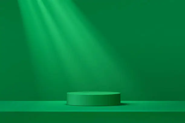 Vector illustration of Abstract dark green cylinder pedestal podium. Green empty room, Shadow of window. Vector rendering 3d shape, Product display presentation. Studio room concept, Minimal wall scene.