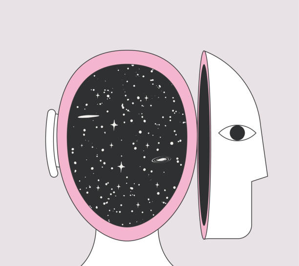 Inner world or inner space or or open mind or self exploring or imagination metaphor concept with human head and space inside it. Vector illustration Inner world or inner space or or open mind or self exploring or imagination metaphor concept with human head and space inside it. Vector eps 10 illustration surreal stock illustrations