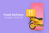 Trendy minimalistic food delivery service or online food order application  banner design template with smartphone screen and delivery scooter or it. Vector illustration