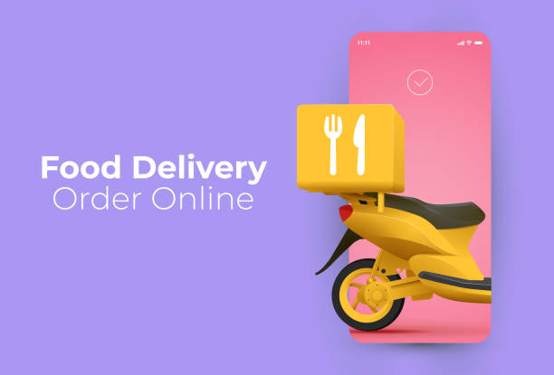 Trendy minimalistic food delivery service or online food order application  banner design template with smartphone screen and delivery scooter or it. Vector illustration Trendy minimalistic food delivery service or online food order application  banner design template with smartphone screen and delivery scooter or it. Vector eps 10 illustration delivering stock illustrations