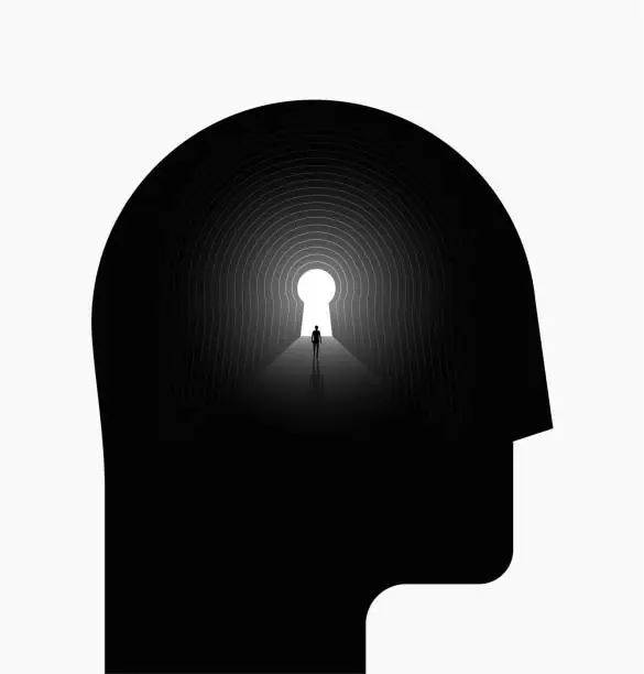 Vector illustration of Inner world or inner space psychologic concept with black human head silhouette with human silhouette walking into the light at the end of the tunnel. Conceptual abstract vector illustration