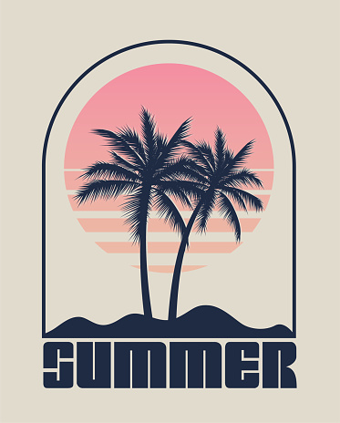 Summer time emblem or logo or label or t-shirt or poster design template with palm trees silhouette on sunset background. Summer vacation or tourism concept. Vintage styled vector eps 10 illustration.