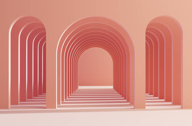 istock Futuristic modern interior with arch rhythm in pink color tone. 3d illustration 1315579647