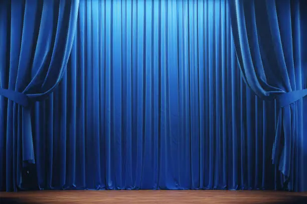 Photo of Theater stage with blue curtains. 3d illustration