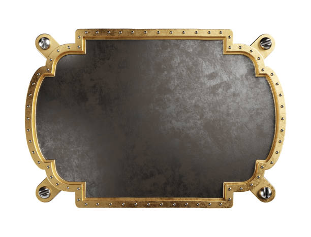 istock Empty metal plate with brass border. Steampunk style. Clipping path included, 3d illustration 1315580253