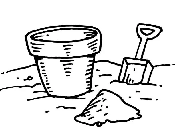 Vector illustration of Hand drawn sand pail and shovel