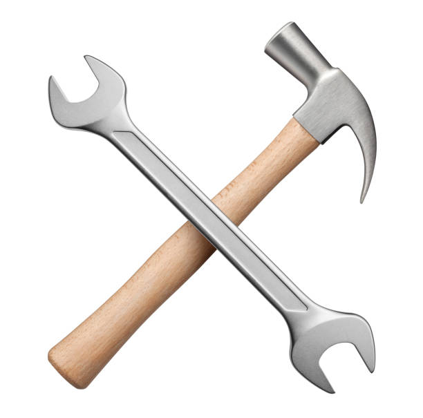 Service Icon. Wrench and hammer. Wrench and hammer isolated on white background. wrench photos stock pictures, royalty-free photos & images