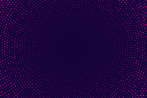 Glowing lights on dark blue background. Blue, pink, purple glowing halftone glittering effect with dot radial pattern. Modern futuristic technology concept. Abstract banner design. Vector illustration