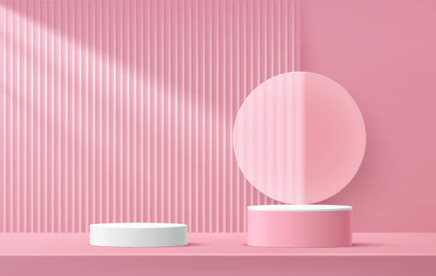 istock White and pink cylinder pedestal podium, Pink wall scene with transparent glass circle backdrop. Vertical line texture. Vector rendering 3d shape, Product display presentation. Abstract room design. 1315587231