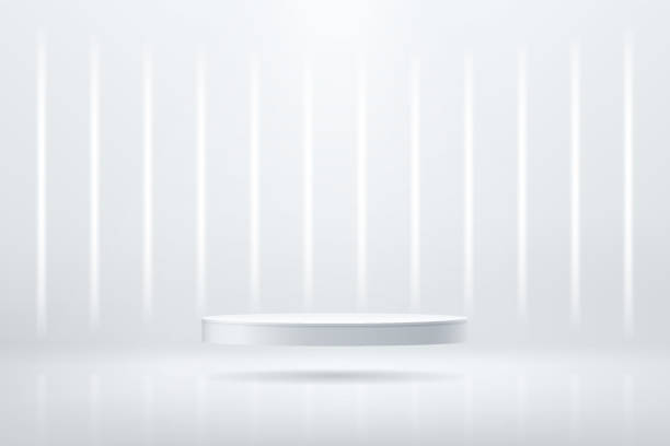 Abstract shine silver cylinder pedestal podium. Sci-fi empty room concept with vertical glowing neon lighting. Vector rendering 3d shape, Product display presentation. Futuristic minimal wall scene. Abstract shine silver cylinder pedestal podium. Sci-fi empty room concept with vertical glowing neon lighting. Vector rendering 3d shape, Product display presentation. Futuristic minimal wall scene. stereoscopic image stock illustrations