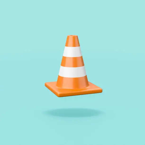 One Single Orange Traffic Cone Isolated on Flat Blue Background with Shadow 3D Illustration