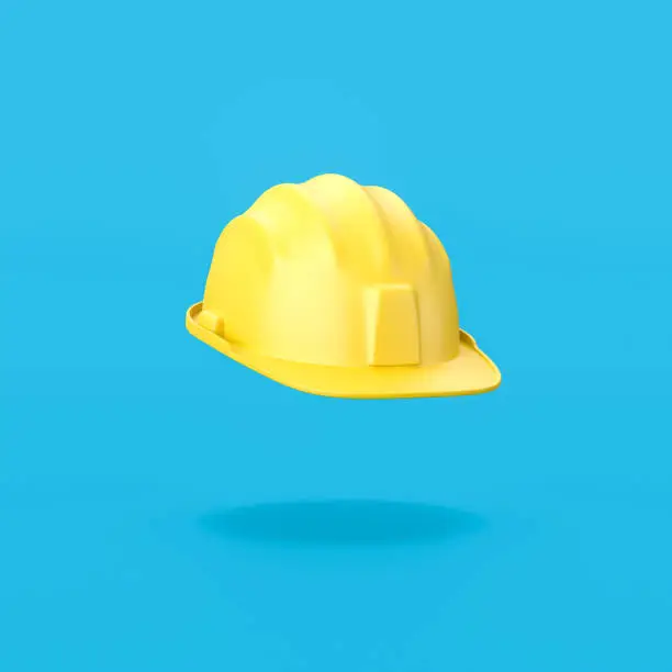Yellow Hard Hat Isolated on Flat Blue Background with Shadow 3D Illustration