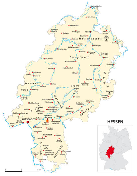 Map of the state of Hesse in German language Map of the state of Hesse in German language hesse germany stock illustrations