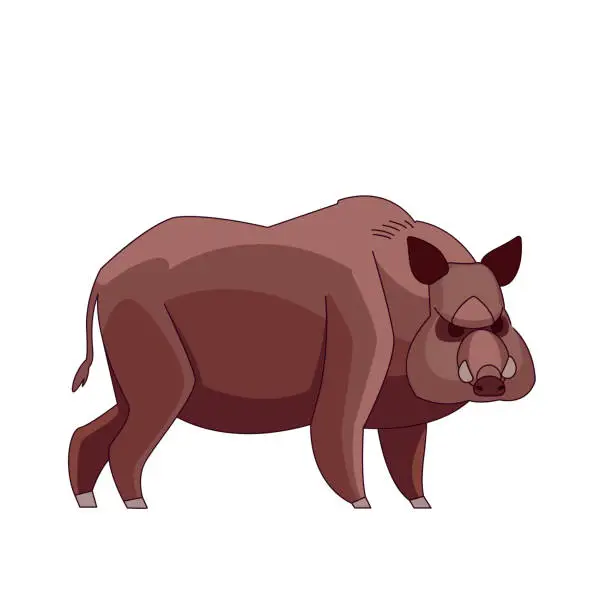 Vector illustration of Wild boar watching around. Cartoon character of a big mammal animal. A wild forest creature with brown fur. Side view. Vector flat illustration isolated on a white background
