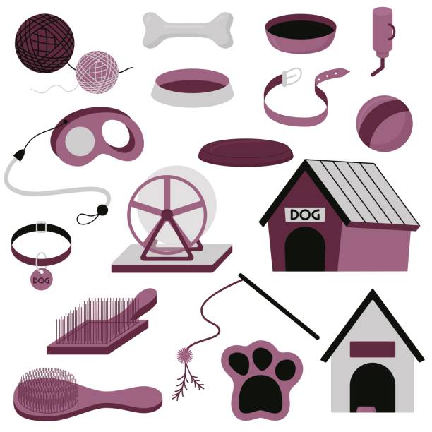 ilustraciones, imágenes clip art, dibujos animados e iconos de stock de un conjunto de artículos sobre el tema de las mascotas en un estilo plano. ilustración vectorial - grooming dog pets brushing
