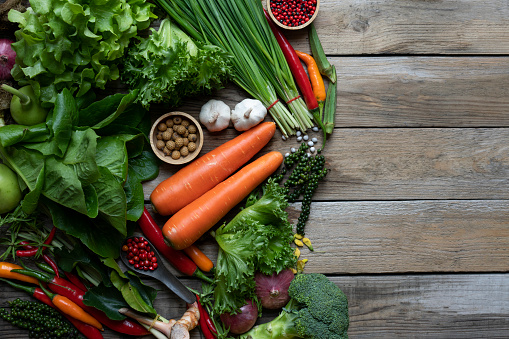 Fresh farmers market fruit and vegetable from above with copy space, healthy food concept