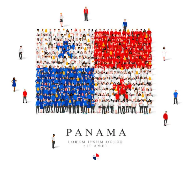 Vector illustration of A large group of people are standing in blue, white and red robes, symbolizing the flag of Panama.