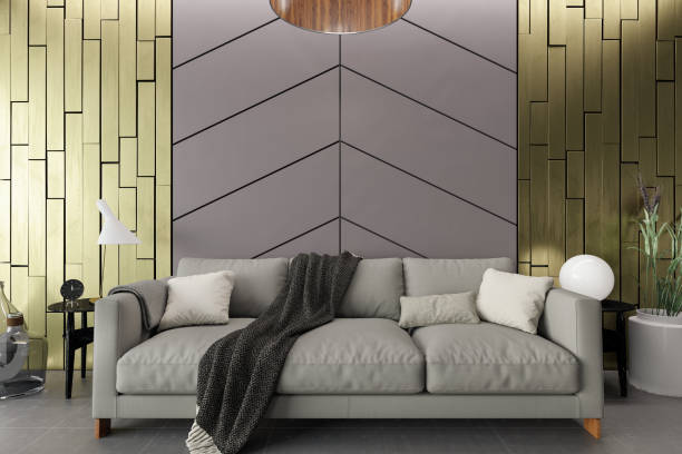 istock Modern Living Room with Golden Wall Paneling 1315604952