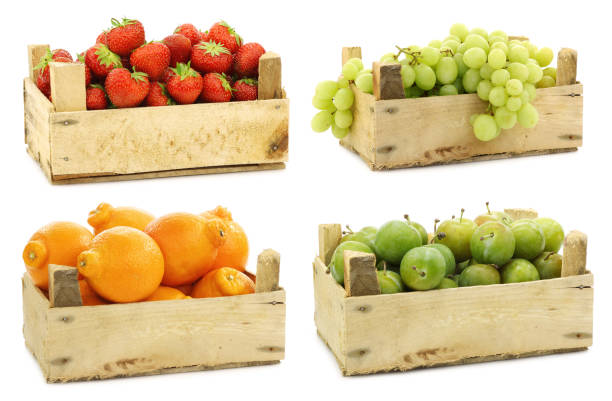 istock Mixed fruits in a wooden crate 1315608319