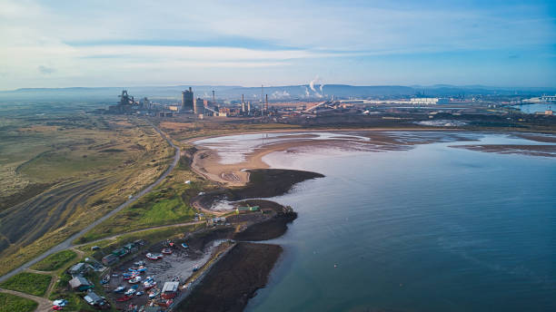 Drone point of view of coastline around Tees estuary, South Gare, Redcar, Teeside, England, Britain Industrial architecture of Teeside northeastern england stock pictures, royalty-free photos & images