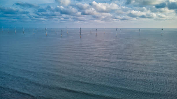 Drone point of view of Teeside wind farm, South Gare, Redcar, Teeside, England, Britain Wind turbines in off shore wind farm teesside northeast england stock pictures, royalty-free photos & images