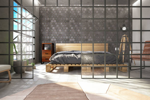 accogliente beedroom con letto in legno - cabin indoors rustic bedroom foto e immagini stock