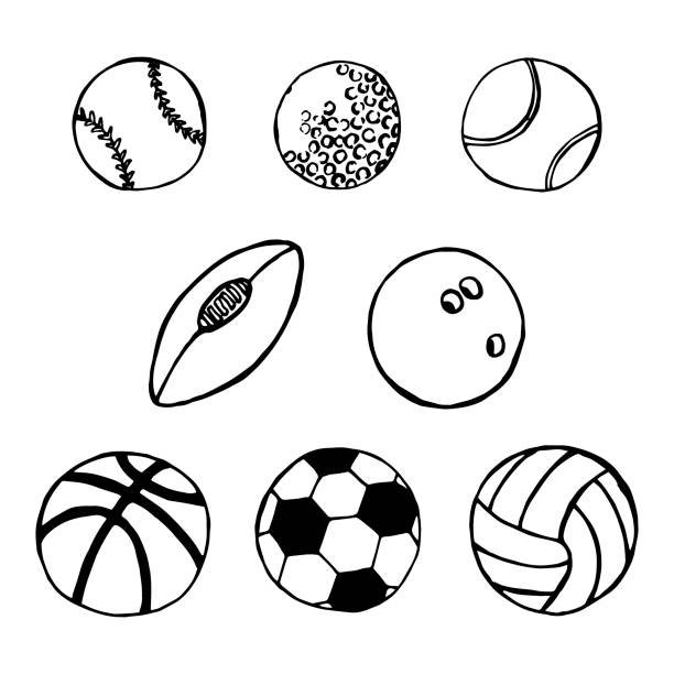 ilustrações, clipart, desenhos animados e ícones de diferentes bolas esportivas preto contornos vetor definido - tennis ball american football football