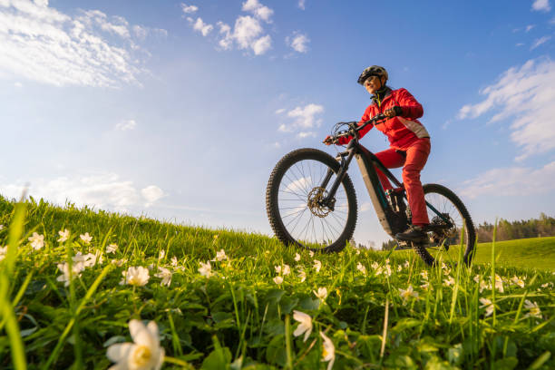 咲く草原を持つ電気マウンテンバイクの女性 - allgau germany bavaria european alps ストックフォトと画像