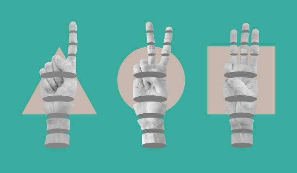istock Digital collage modern art. Hands counting one tow, and tree, with different geometry 1315630354