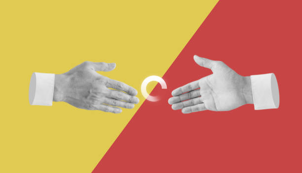 istock Digital collage modern art. Hands reaching together and shaking, with loading icon 1315630363