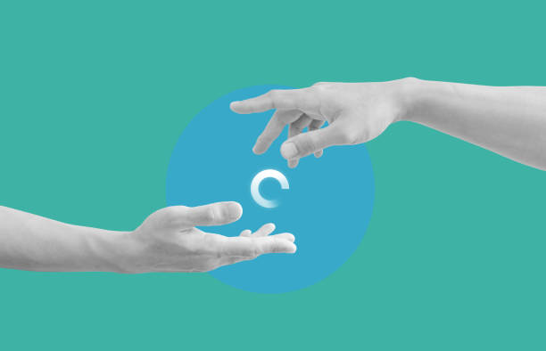 istock Digital collage modern art. Helping and rescue hand, with loading icon 1315630367