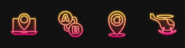 istock Set line Location with house, Laptop location marker, Route and Helicopter. Glowing neon icon. Vector 1315630612