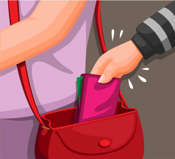 ilustrações, clipart, desenhos animados e ícones de mão de um ladrão roubando carteira do conceito de cena de saco de mulher em vetor de ilustração de desenho animado - pickpocketing