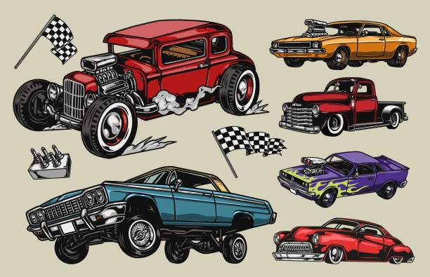 пользовательские автомобили красочные старинные композиции - low rider stock illustrations