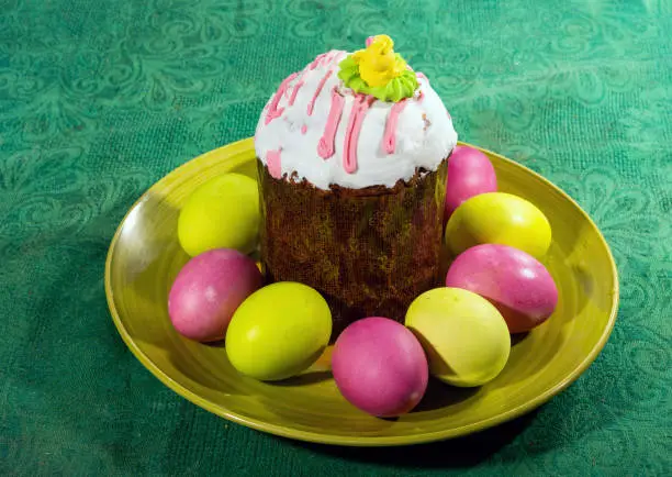 Eastercake an  painted  eggs on green table.  Now orthodox Easter inrussia (maybe Greece, Bulgaria, romania, Moldova, Serbia , Montenegro!