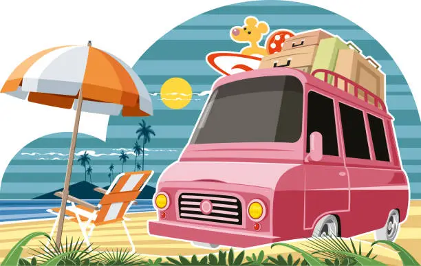Vector illustration of Vintage minibus and beach