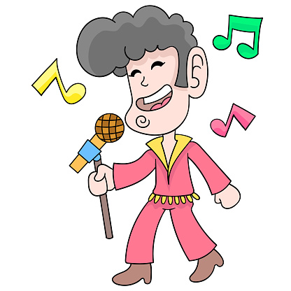 a singing man carrying an elvis presley style mic stand, vector illustration art. doodle icon image kawaii.