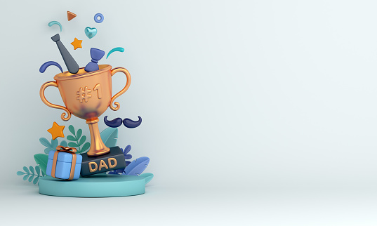 Happy Father’s Day decoration background with trophy gift box necktie leaves mustache, copy space text, 3D rendering illustration