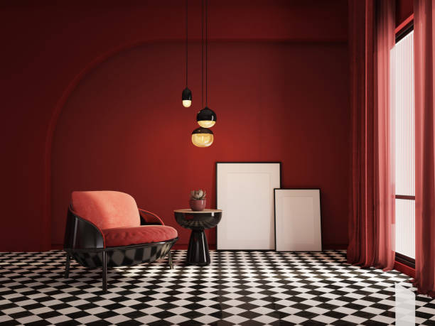 istock Modern classic style interior with red wall,armchair and blank canvas.Mock up.3d rendering 1315645288
