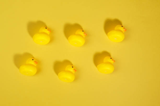 istock yellow rubber ducks on a yellow background. top view 1315645696
