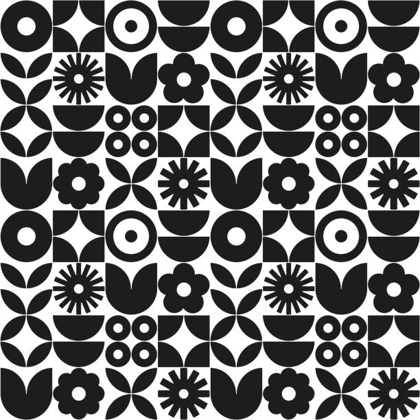 ilustraciones, imágenes clip art, dibujos animados e iconos de stock de patrón geométrico moderno de las flores. estilo escandinavo retro. - geometric pattern