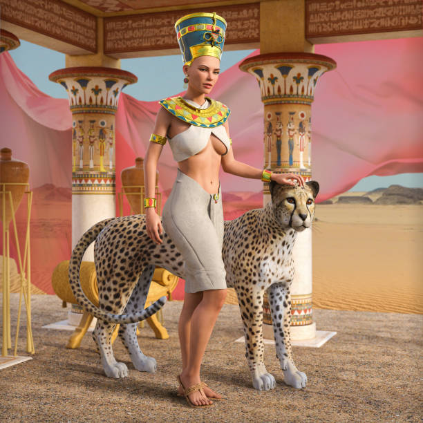 beautiful egyptian princess, queen, pharaoh, cleopatra and a big cat - cleopatra pharaoh ancient egyptian culture women imagens e fotografias de stock